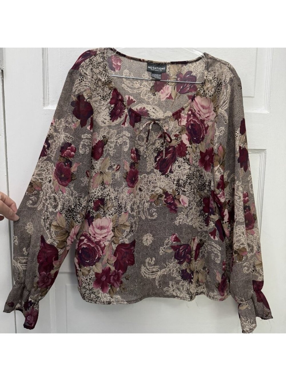 Notations Womens L Burgundy Floral Sheer Tie Front Long Sleeve Blouse